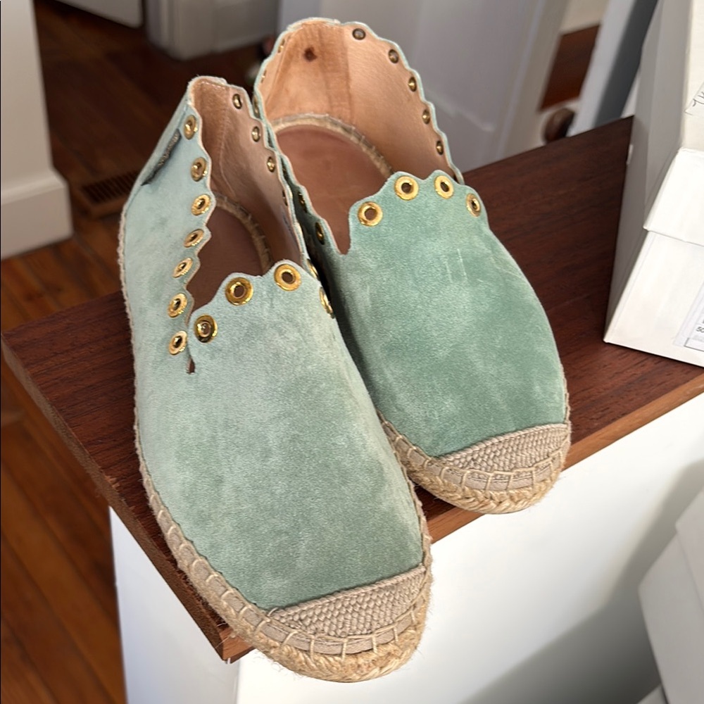 Sage Green Espadrilles with Scalloped Suede Design